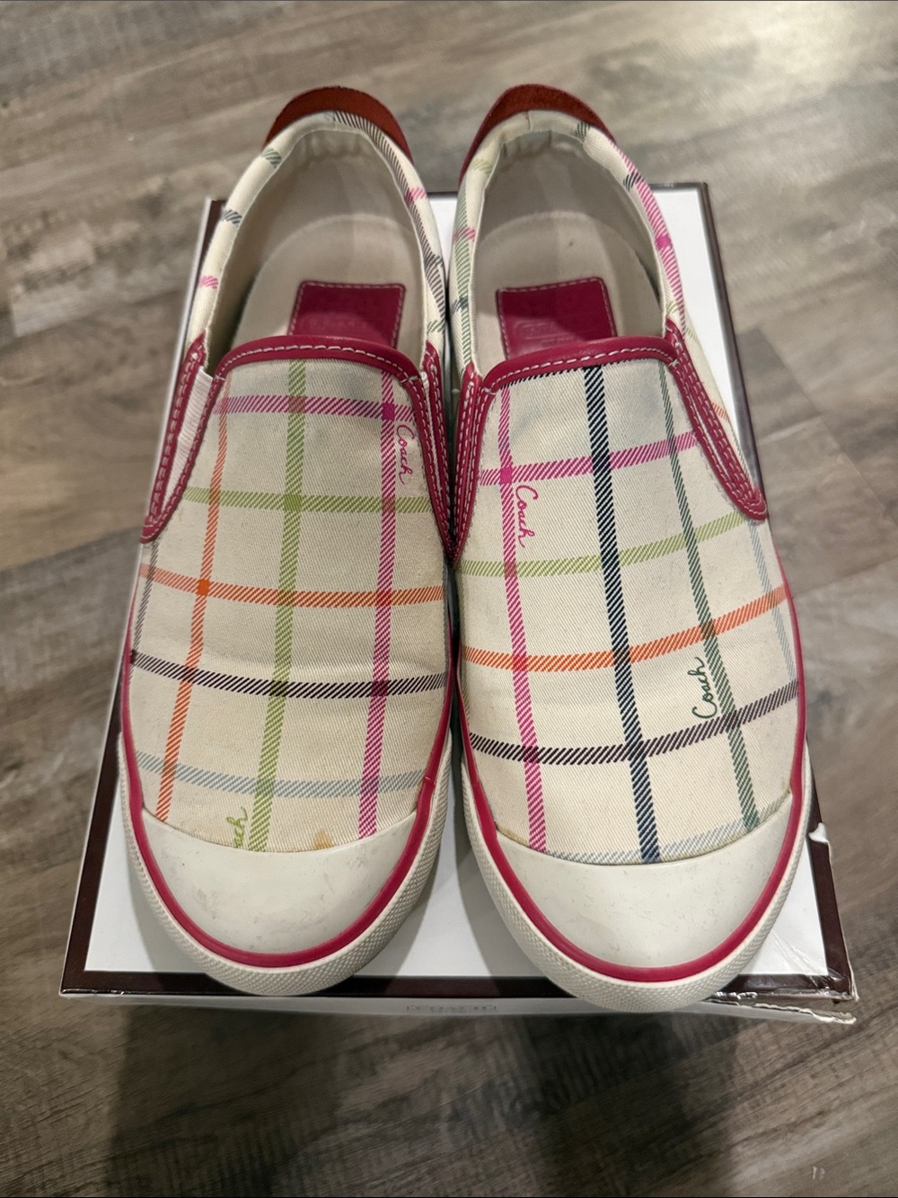 Coach Multicolor Plaid Slip-On Sneakers in Cream and Pink Trim with box size 8 - Picture 2 of 13